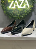 ZAZA Solana Elegant Pointed Block Heel – Dark Brown, Off-White & Black
