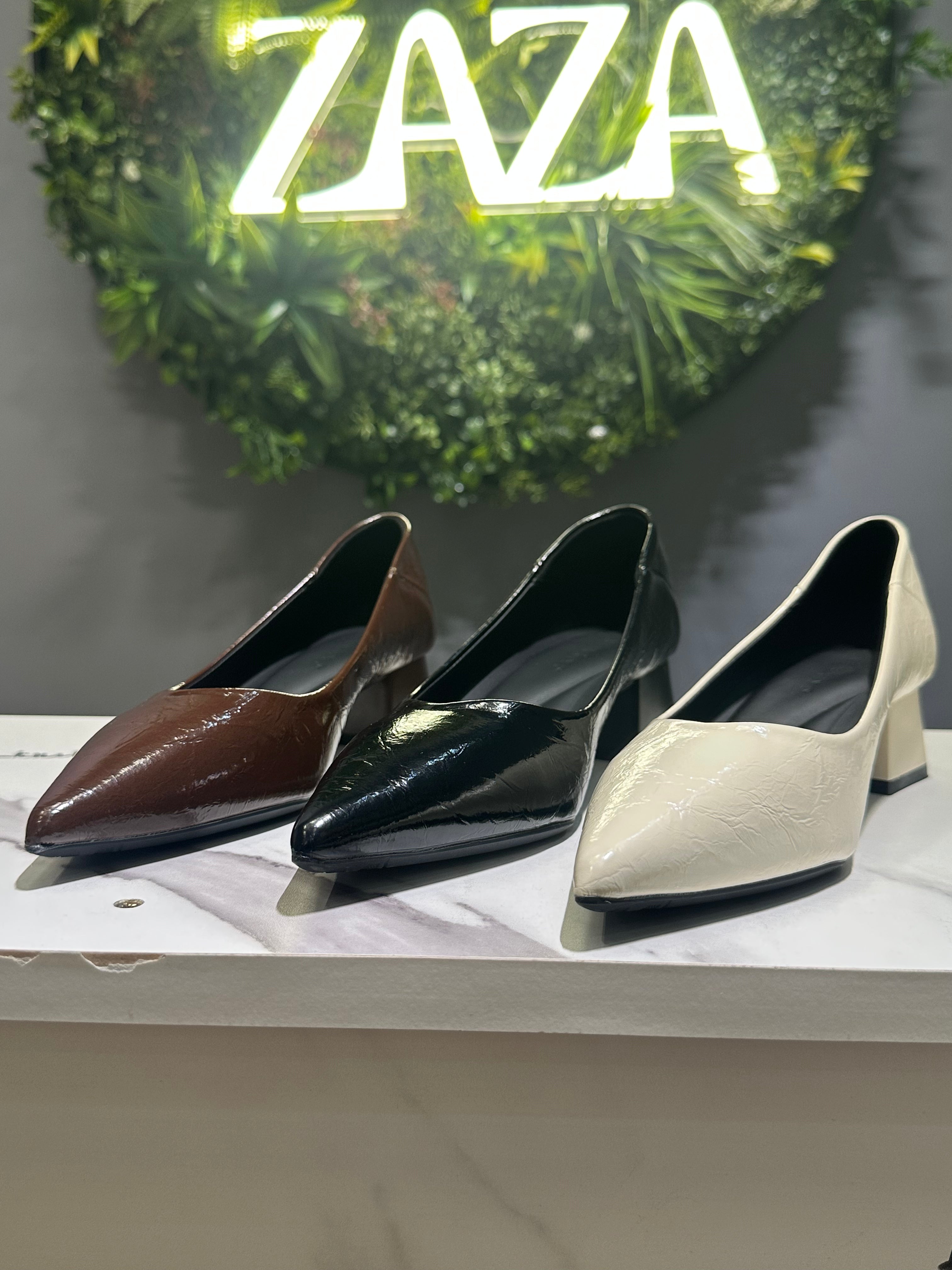 ZAZA Solana Elegant Pointed Block Heel – Dark Brown, Off-White & Black