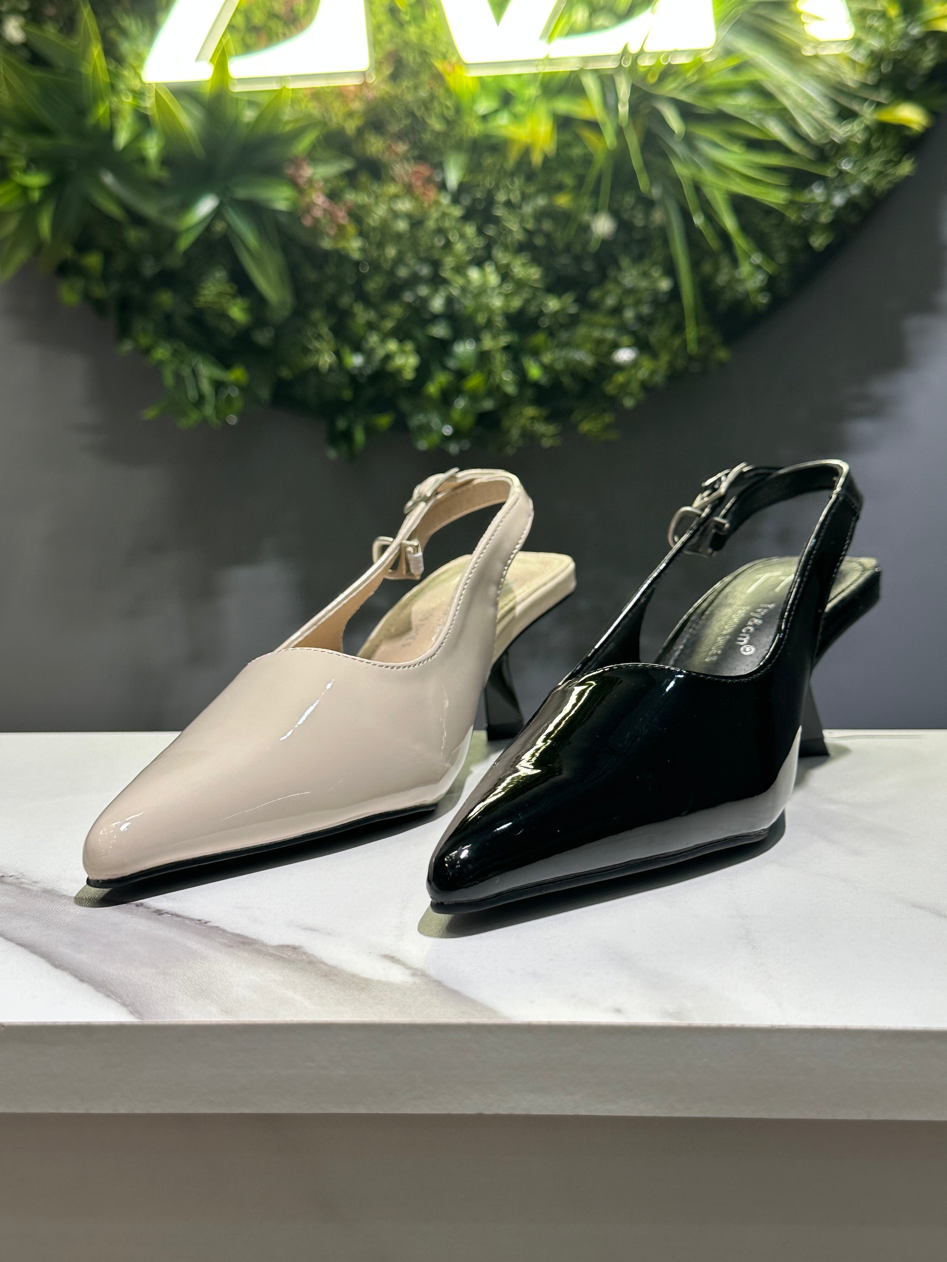 ZAZA VIVA - Gloss Slingback Pumps – Pointed Toe Low Heel (Beige & Black)