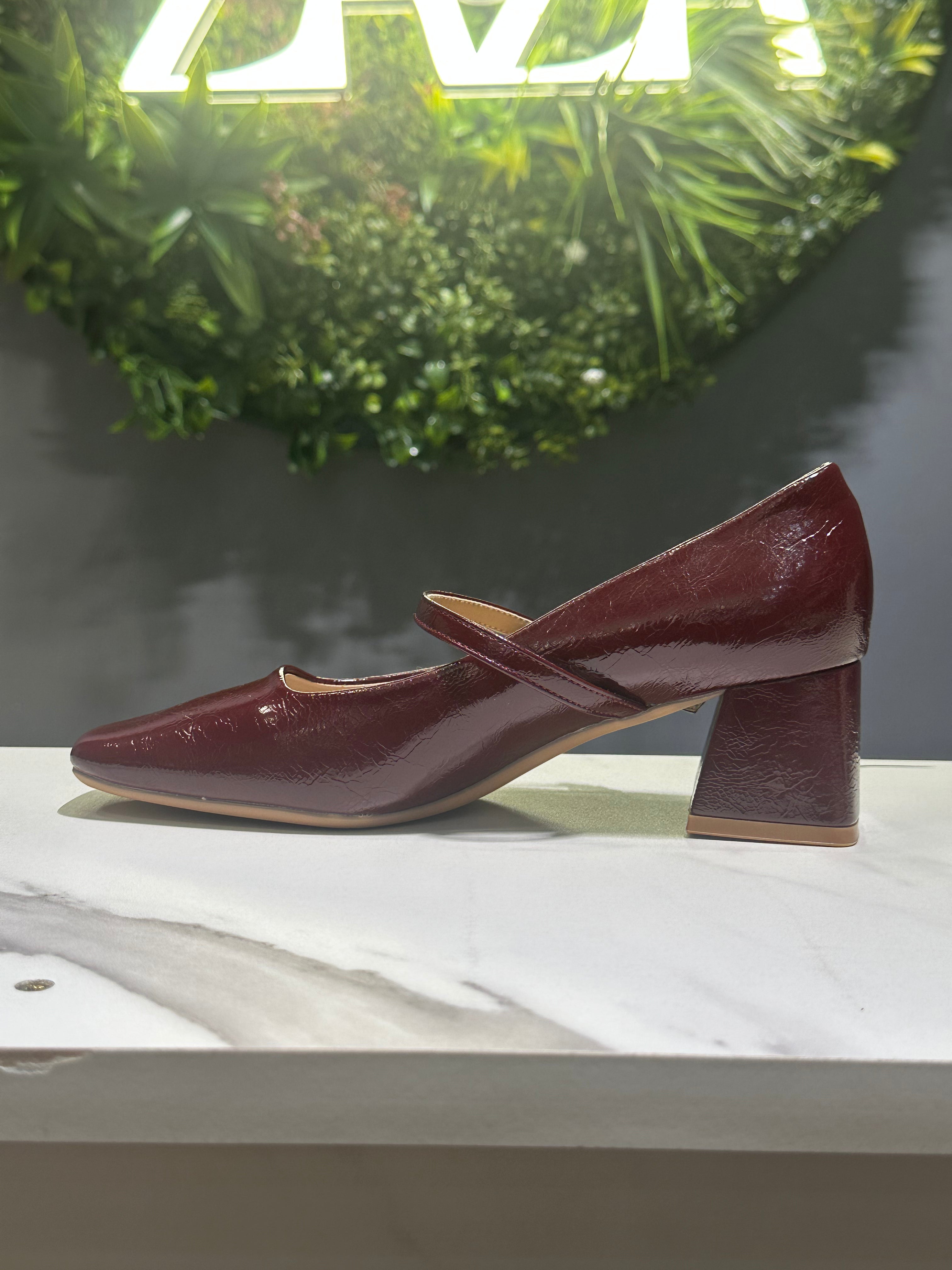 ZAZA Amélie – Burgundy Strap Block Heel Pumps