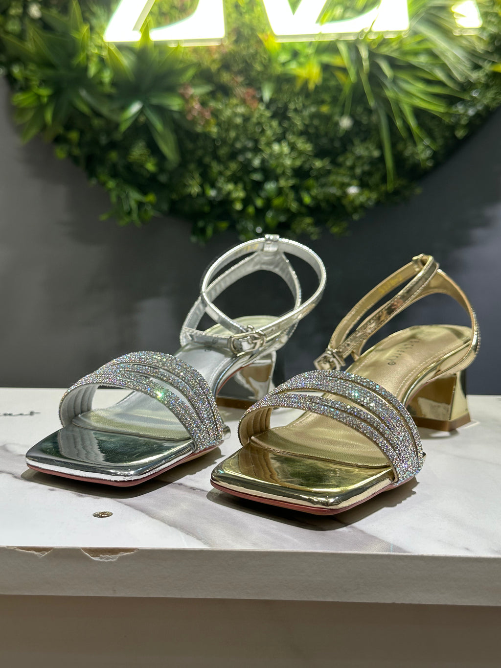 ZAZA Lumina – Metallic Crystal Strap Heels