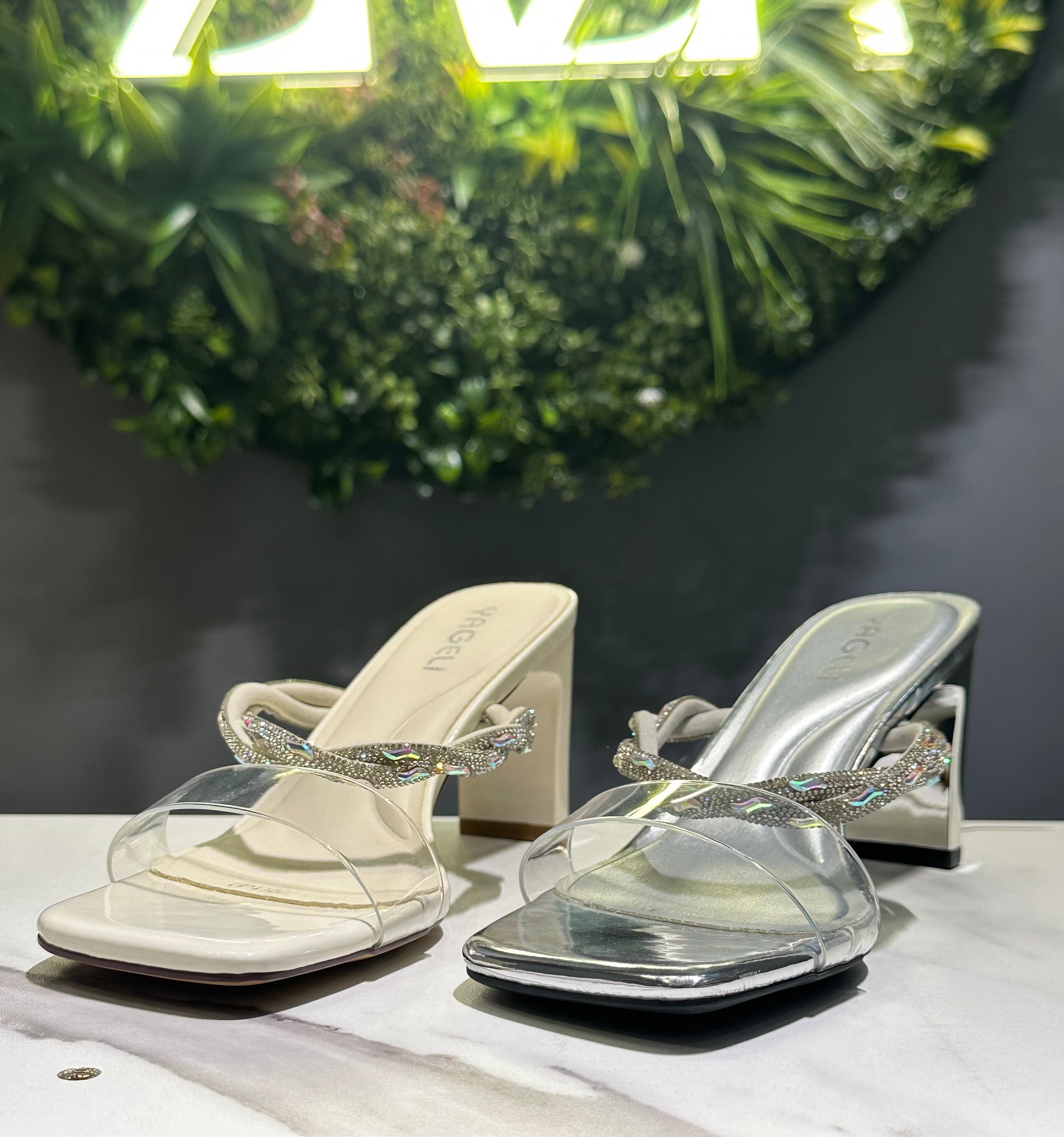 ZAZA Elowen – Crystal Strap Block Heel Mules